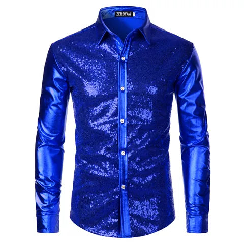 Luxury Royal Blue Sequin Metallic Dress Shirts Men's Long Sleeve 70's Disco Party Shirt Christmas Halloween MartLion CS86 Royal Blue US Size S 