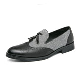 Men's Leather Tassel Loafers Pointed Toe British Style Vintage Carving Wingtips Brogues Shoes Slip Flats MartLion Black 87 13 