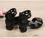 Genuine Leather Retro Style Chunky Heel Sandals Flower Open Toe Handmade Women High-Heeled Shoes MartLion   