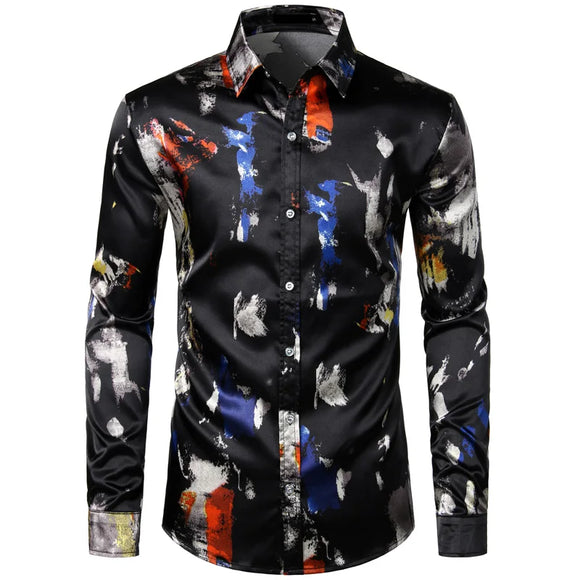 Feather Printed Silk Shirt Men's Satin Smooth Long Sleeve Casual Party Button Down Designer Shirts for Camisas Hombre MartLion as picture show USA S 