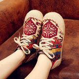 High Top Cotton Embroidered Women Casual Linen Flat Shoes Handmade Lace Up Thick Hemp Soled Canvas Sneakers MartLion   