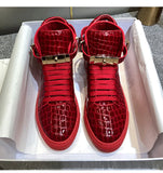 Men Embossed Crocodile High Top Sneakers Lock Lace Red Flats Real Leather Designer Boots Men‘s Casual Shoes MartLion