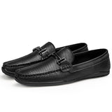 Men's genuine leather loafers luxury summer footwear hollow out breathable casual shoes real cow skin moccasin Mart Lion hollow out black 36 