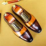 British Trend Brock Dress Men's Leather Color Matching Shoes Carved Gentleman Square Head Lace Up MartLion Brown 37 