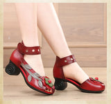 Genuine Leather Retro Style Chunky Heel Sandals Flower Open Toe Handmade Women High-Heeled Shoes MartLion   