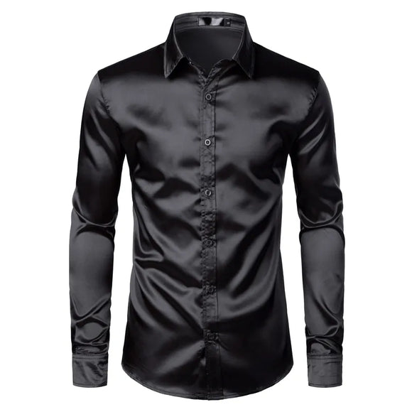 Men's Black Satin Luxury Dress Shirts Silk Smooth Tuxedo Slim Fit Wedding Party Prom Casual Chemise Homme MartLion LC17 Black US Size S 