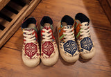 High Top Cotton Embroidered Women Casual Linen Flat Shoes Handmade Lace Up Thick Hemp Soled Canvas Sneakers MartLion   