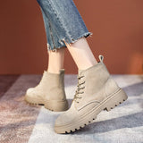 Suede Genuine Leather Ankle Boots Women Flat Platform Ladies Shoes Autumn Winter Combat Motorcycle Mart Lion Beige plus velvet 35 