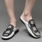 Men's Mules Genuine Leather Casual Shoes Slippers Luxury Footwear Grid Lattice Black Mart Lion   