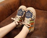 High Top Cotton Embroidered Women Casual Linen Flat Shoes Handmade Lace Up Thick Hemp Soled Canvas Sneakers MartLion   