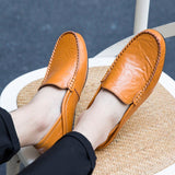 Fotwear Cow Leather Men's Loafers Orange Lazy Shoes Breathable Slip On Half Slippers Softable Driving Moccasins Mart Lion   