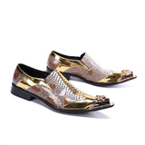 Handmade Pointed Toe Metal Tip Genuine Leather Men's Dress Shoes Snakeskin Evening Party Wedding Gold Oxfords MartLion   