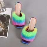 Summer Woman Pumps Transparent Perspex High Heels Color Feather Fur Peep Toe Mules Slippers Ladies Slides Shoes Sandals Mart Lion   