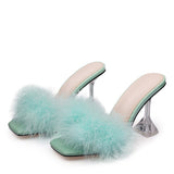 Summer Woman Pumps Transparent Perspex High Heels Color Feather Fur Peep Toe Mules Slippers Ladies Slides Shoes Sandals Mart Lion Blue 34 China