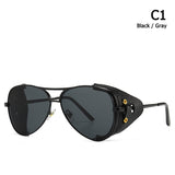 Vintage SteamPunk Pilot Style Sunglasses Leather Side Design Sun Glasses Oculos De Sol 2029 Mart Lion C1 Black Gray  