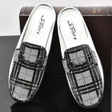 Men's Mules Genuine Leather Casual Shoes Slippers Luxury Footwear Grid Lattice Black Mart Lion   