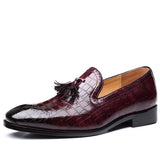 Men's Cusual Loafers Wedding Party Shoes Tassels Vintage Carved Brogue Crocodile Grain Leather Flats Mart Lion Wine Red 6 