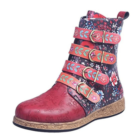 Women Boots Buckle Ankle Boots Round Toe Causal Shoes Handmade Ladies Female Zapatillas MartLion Red(AE存量)*** 35 