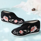 Veowalk Lotus Embroidered Women Cotton Mid-top Shoes with Warm Fleece Lining Winter Chic Elegant Ladies Jacquard Flat Platforms MartLion   