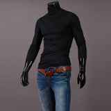 Autumn Winter Men's Solid Color Turtleneck T Shirts Slim Long Sleeve Black White Tops MartLion   