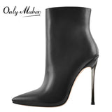 Onlymaker Women Ankel Boots Poited Toe Metal Thin High Heel Side Zipper Black Warm Winter MartLion   