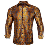 Silk Gold Beige Brown Orange Men's Shirts Long Sleeve Single Breasted Lapel Jacquard Shirt Blouse Outerwear Wedding Gift MartLion   