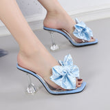 Crystal Bow High Heels Slippers Shoes Woman PVC Transparent Sandals Slides Open Toe Pumps Blue Black Mart Lion   