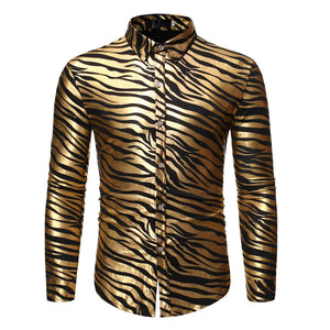 Men's 70s Metallic Gold Zebra Print Disco Shirt Slim Fit Long Sleeve Dress Shirts Party Prom Stage Chemise MartLion   