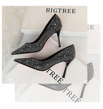 Crystal Pumps Women Shoes 8.5cm High Heels Wedding Bride Blingbling White Silk Stiletto Ladies Office Party