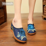 Veowalk Cotton Flower Appliques Women Canvas Wedge Slippers Summer Retro Ladies Med Heel Slides Mules Comfort Platforms Shoes MartLion   