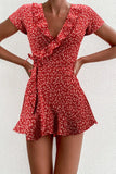 Summer Women’s  Dress Sweet Elegant Floral Ruffles V-neck Bandage Short Dress MartLion   