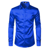 Men's Black Satin Luxury Dress Shirts Silk Smooth Tuxedo Slim Fit Wedding Party Prom Casual Chemise Homme MartLion LC17 Royal Blue US Size S 