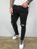 Men Jeans Knee Hole Ripped Stretch Skinny Denim Pants Solid Color Black Blue Summer MartLion   