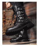 Winter Men's Motorcycle Boots Mid-Calf Rock Punk Shoes Genuine Leather Black High top Casual Mart Lion   