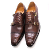 Men's Dress Shoes Genuine Leather Double Buckle Monk Strap Snake Print Cap Toe Classic MartLion   