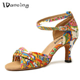 Latin dance shoes flower ballroom middle heel Salsa square cross straps da donna MartLion   