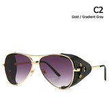 Vintage SteamPunk Pilot Style Sunglasses Leather Side Design Sun Glasses Oculos De Sol 2029 Mart Lion C2 Gold Gray  