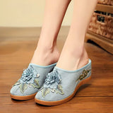 Veowalk Cotton Flower Appliques Women Canvas Wedge Slippers Summer Retro Ladies Med Heel Slides Mules Comfort Platforms Shoes MartLion LIGHT BLUE 8.5 