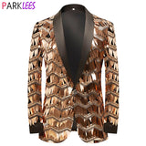 Men's Luxury Wave Striped Gold Sequin Blazer Jacket Shawl Lapel One Button Shiny Wedding Party Suit Dinner Tuxedo Mart Lion   
