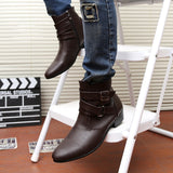 Men's PU Leather Riding Boots Trend Retro Short Thick Heel Side Zipper Pointed Classic Western Cowboy