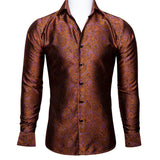 Barry Wang Luxury Red Paisley Silk Shirts Men's Long Sleeve Casual Flower Shirts Designer Fit Dress MartLion 0030 S 