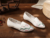 Flower Embroidered Women Cotton Fabric Pointed Toe Flat Shoes Slip On Flats Style MartLion   