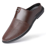 Men's Mules Shoes Slip on Loafers Leather Slippers Hollow Out Casual Luxury Driving Sandal Brown Black White Mart Lion   