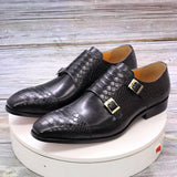 Men's Dress Shoes Genuine Leather Double Buckle Monk Strap Snake Print Cap Toe Classic MartLion   