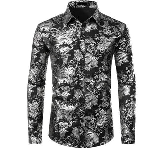 Silver Paisley Luxury Printed Floral Shirt Men's Wedding Party Dinner Dress Wedding Dinner Party Chemise Homme MartLion Black USA S 