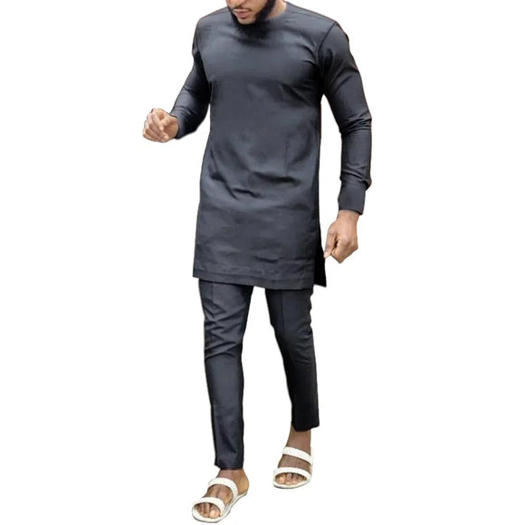 Men's Shirts With Trousers Solid Black Pant Sets Nigerian Style Groom Suit Nigerian Wedding Party Wear MartLion black S 