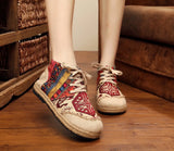 High Top Cotton Embroidered Women Casual Linen Flat Shoes Handmade Lace Up Thick Hemp Soled Canvas Sneakers MartLion   