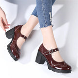 Women Mary Jane Pumps Shoes Patent Genuine Leather High Heels Shinny Ladies Retro Brogue High Square Heel MartLion   