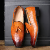 Men's Cusual Loafers Wedding Party Shoes Tassels Vintage Carved Brogue Crocodile Grain Leather Flats Mart Lion   