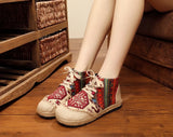 High Top Cotton Embroidered Women Casual Linen Flat Shoes Handmade Lace Up Thick Hemp Soled Canvas Sneakers MartLion   